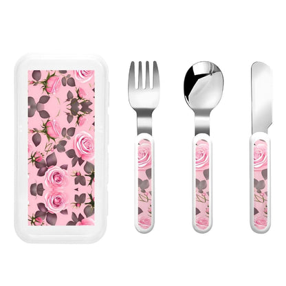ZZYYDS Pretty Pink Roses Children's Three-Piece Knife, Fork and Spoon Set with Portable Box