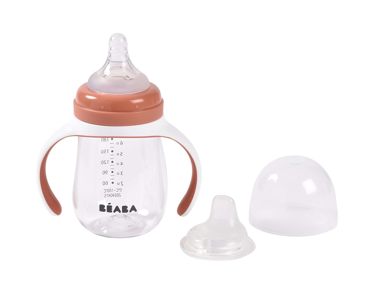 Béaba BEABA 2-in-1 Baby Bottle to Transition Sippy Cup, No Spill Sippy Cup, Includes Removable Handles, Silicone Baby