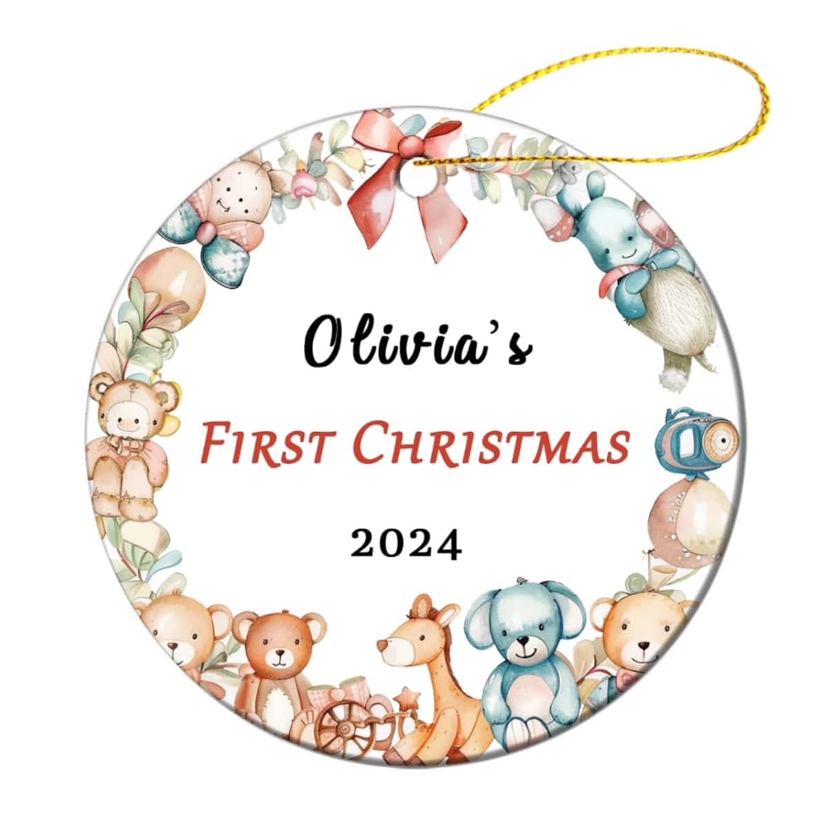 Bdbacxas Personalized Baby First Christmas Ornament,Custom Toy Wreath Baby's 1st Christmas Tree Decor Round Ceramic