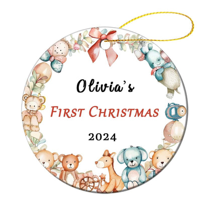 Bdbacxas Personalized Baby First Christmas Ornament,Custom Toy Wreath Baby's 1st Christmas Tree Decor Round Ceramic
