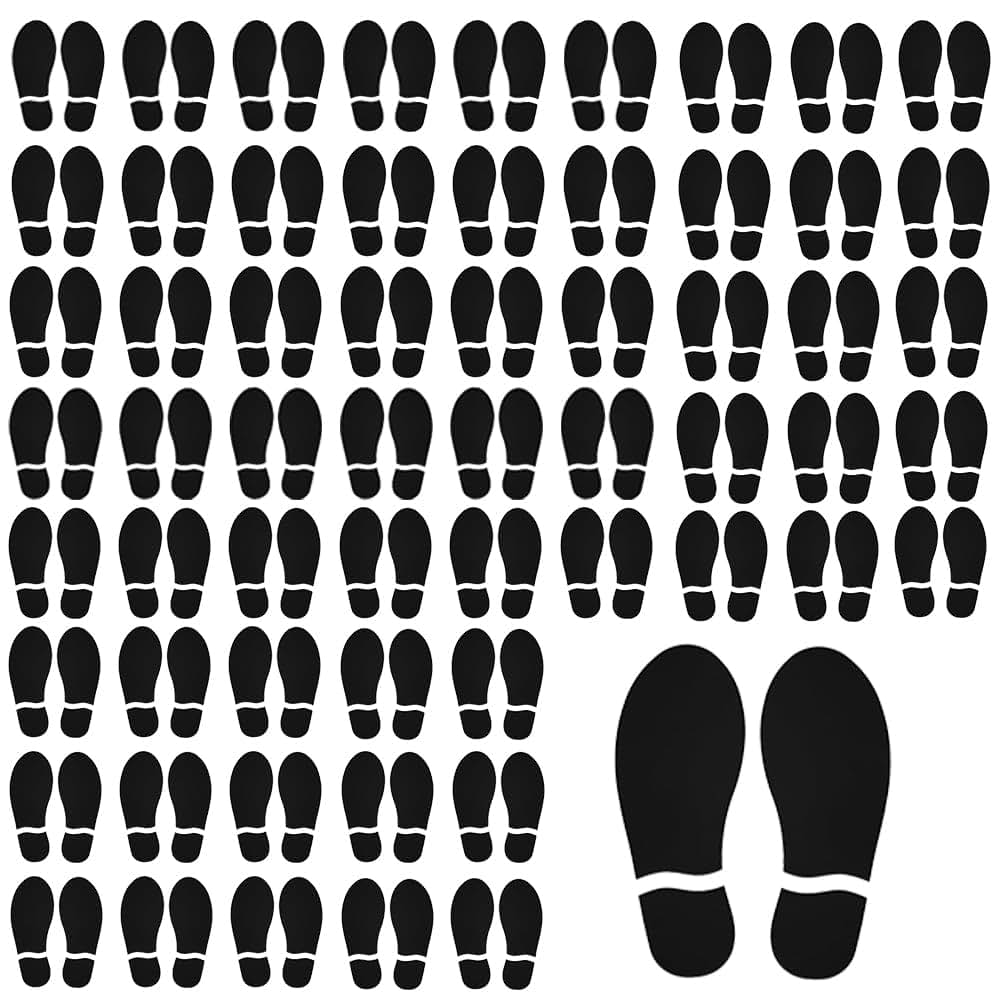 BabyOneStop 60 Pairs Black Footprint Stickers 7 Inch Floor Decals for Classroom and Party
