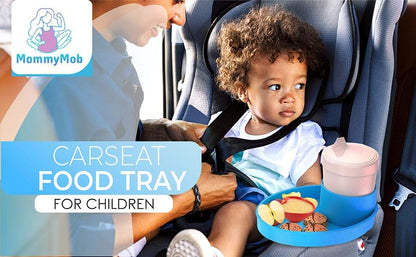 MommyMob Kids Travel Tray Kit - 360° Rotatable Cup Holder Tray for Car Seat, Stroller, Booster (Blue)