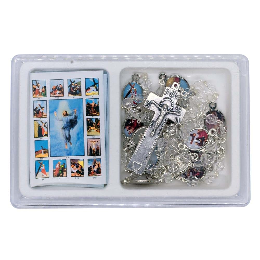 VILLAGE GIFT IMPORTERS Stations of the Cross Chaplet | 14 Full Color Station Medals and Silver Tone Crucifix | Lenten