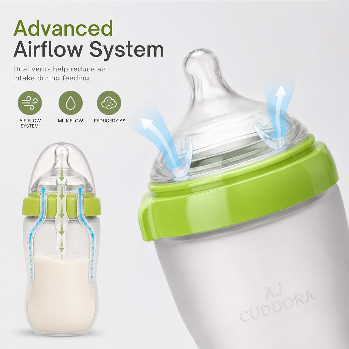 AJ Cuddora Silicone Baby Bottles 8oz Anti-Colic Wide Neck, Soft Nipple, Dual Vents, Newborn Friendly, Breastfeeding (photo 3)