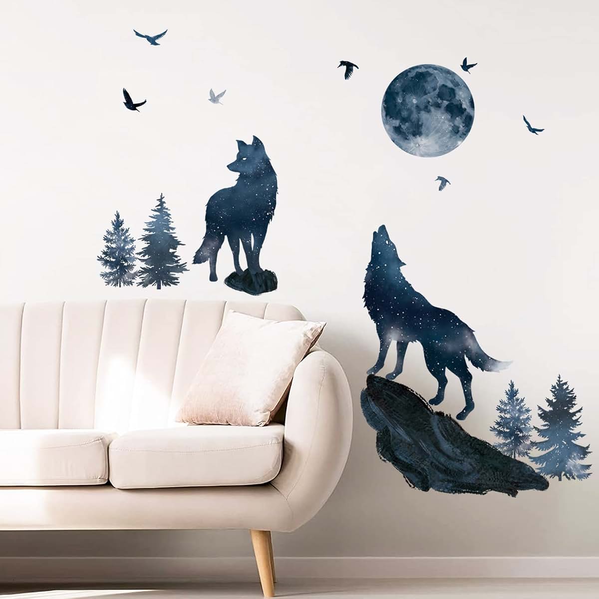 wondever Wolf and Moon Wall Decals Wolves Mountain Pine Trees Wall Stickers