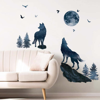 wondever Wolf and Moon Wall Decals Wolves Mountain Pine Trees Wall Stickers