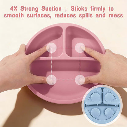 Folksybliss Personalized Silicone Toddler Plates 3 Pack with Suction, Divided Baby Plates for Self Feeding, Custom Name (photo 3)