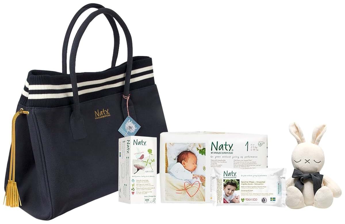 Eco by Naty Diaper Bag with Organic Cotton Canvas & Adjustable Straps, Blue/White