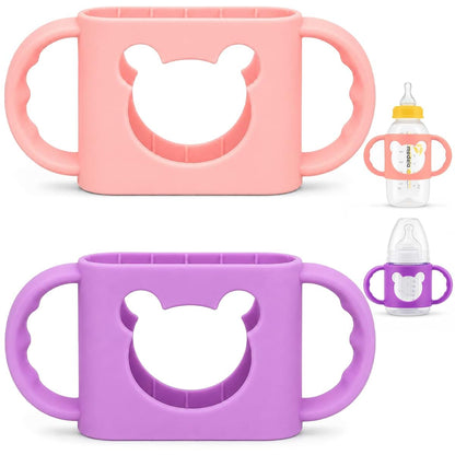 Aelop Silicone Baby Bottle Handles for Wide-Neck Bottles, Pink and Purple Bear Design, 2-Pack