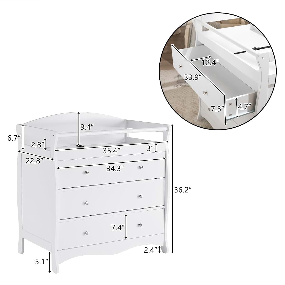 Volowoo Changing Table with 3 Drawers, White