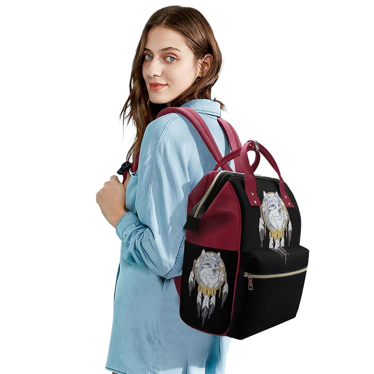 SONGTING Watercolor Wolf and Dreamcatcher Diaper Bag Backpack Travel Waterproof Mommy Bag Nappy Daypack Red-Style (photo 4)