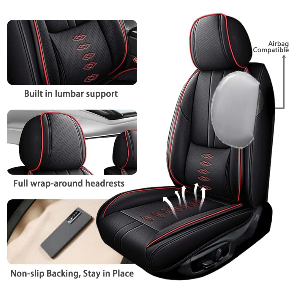 QUFEI Full Set Seat Covers for Honda Ridgeline 2006-2025, Waterproof Nappa Leather, Black Red
