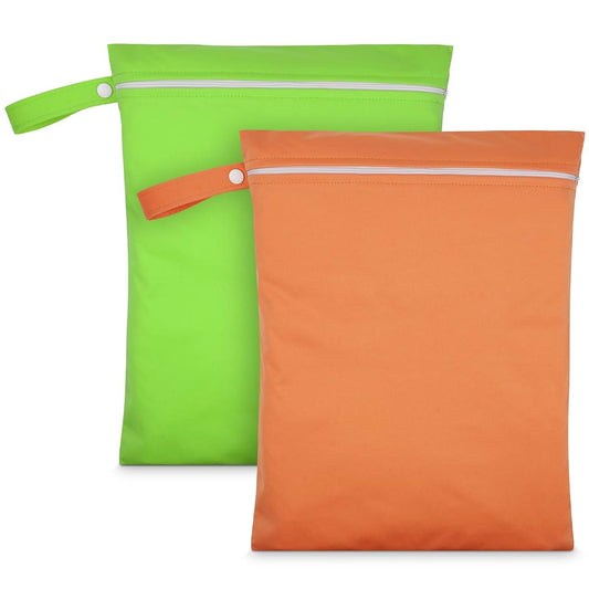 AOOSA 2PCS Wet Bags, Waterproof Reusable Cloth Diaper Bags, Green + Orange