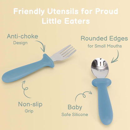 Eascrozn Toddler Utensils 6 Pack, Forks and Spoons Set with Silicone Handles, 18/8 Stainless Steel