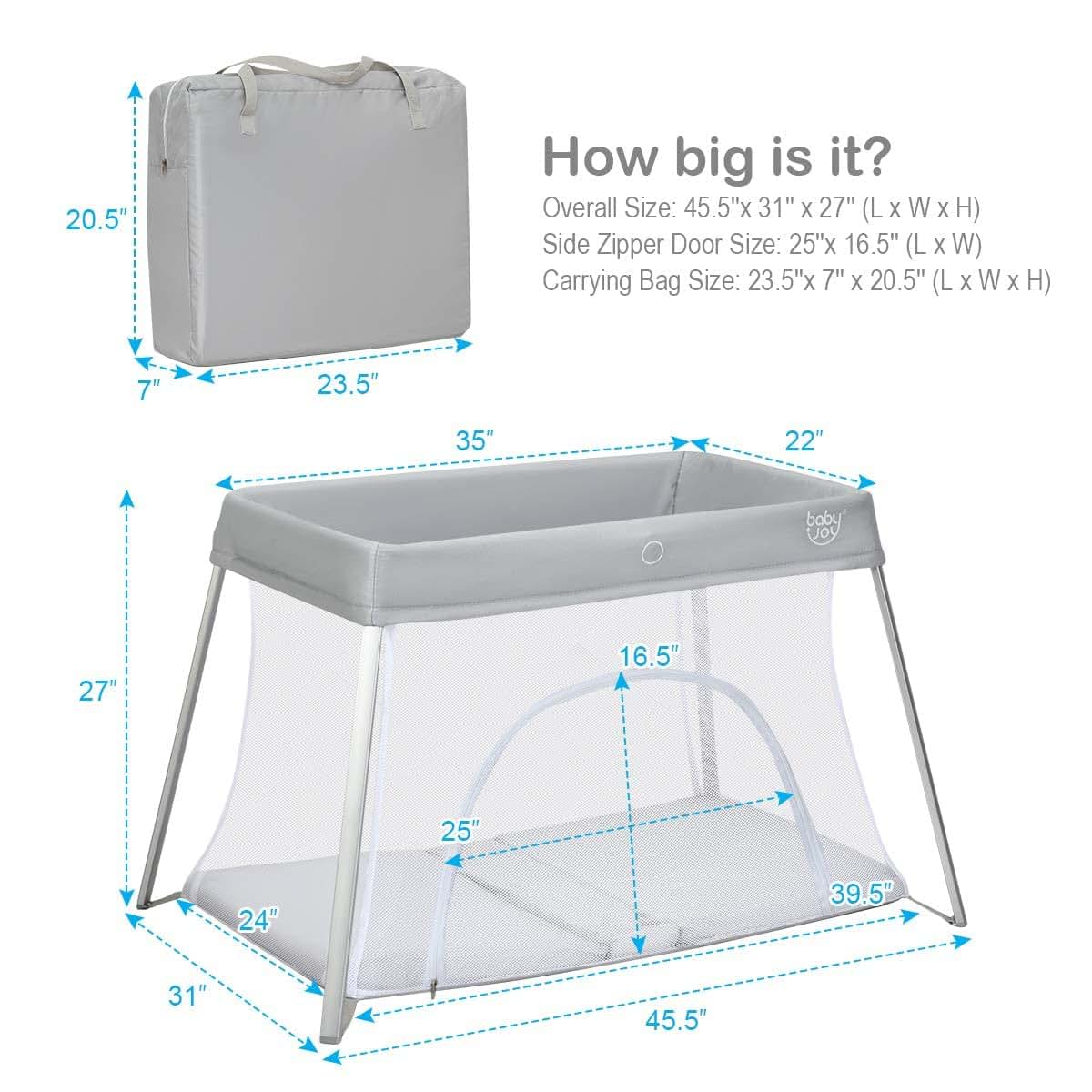 Baby Joy 2-in-1 Travel Crib with Side Zipper, Portable Playard with Washable Mattress