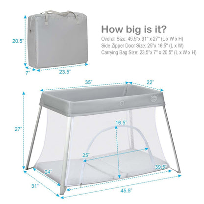 Baby Joy 2-in-1 Travel Crib with Side Zipper, Portable Playard with Washable Mattress