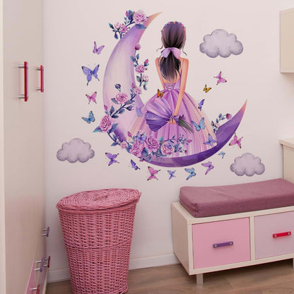 Vinyl Wall Art Sticker Set | Purple Moon & Floral Design Decor