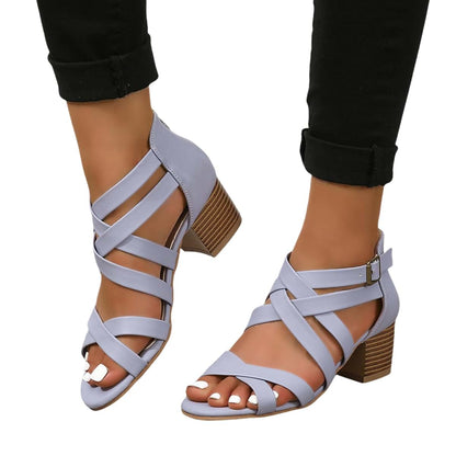 Women Chunky Heeled Sandals with Block Heel and Criss Cross Straps