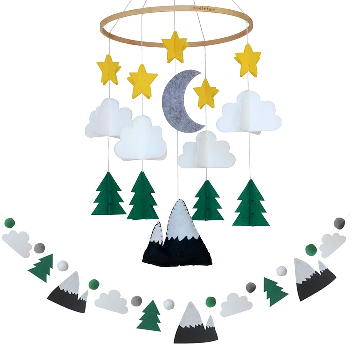 Sorrel + Fern Baby Crib Mobile Starry Woodland Night With Garland