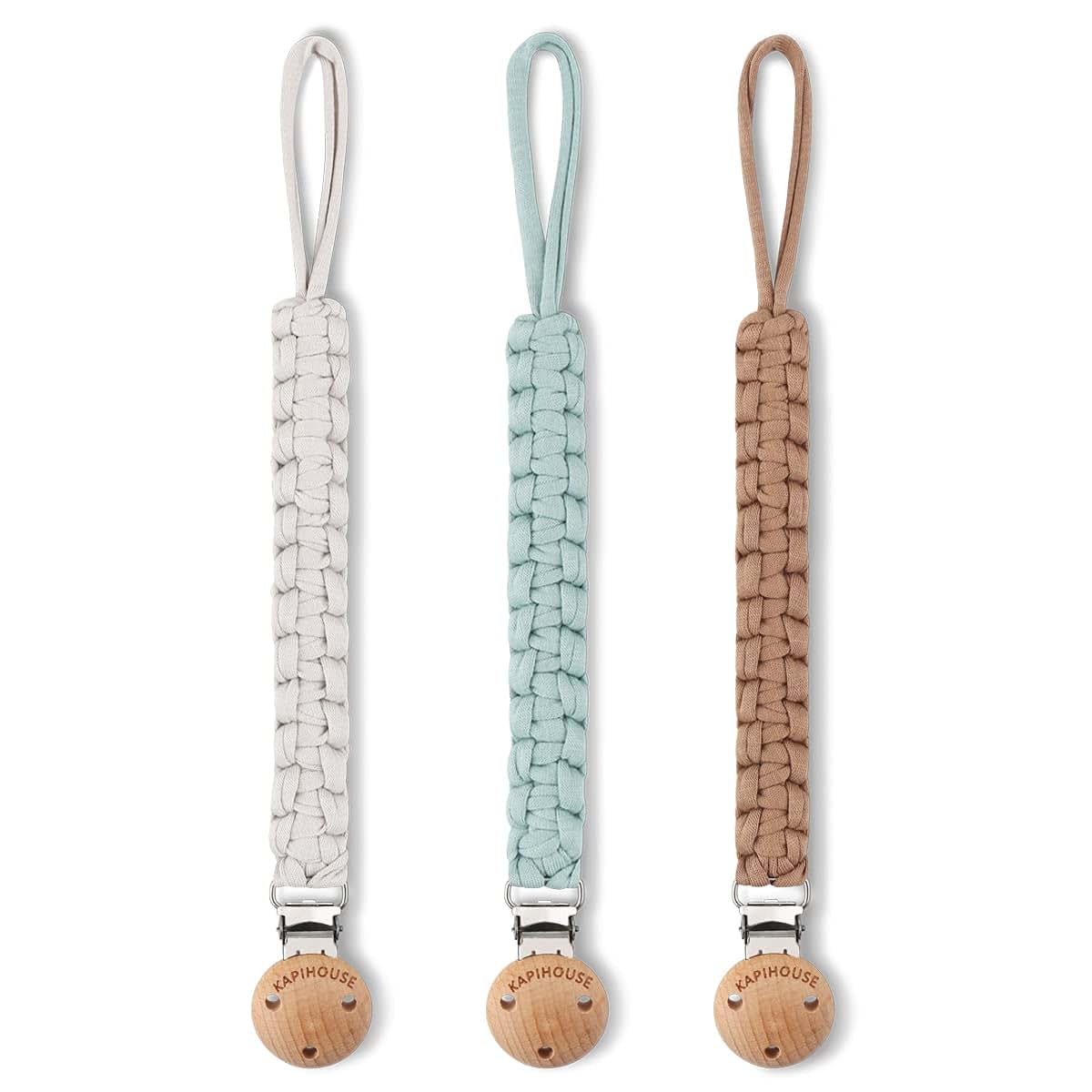 Kapihouse Pacifier Clip for boy 9.2 Inch Pacifier Leashes woodern Clips Teething Toy with Handmade Braided Cotton