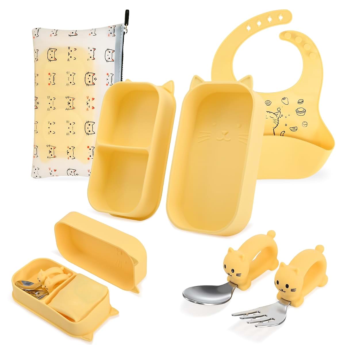 Mossora Cat Toddler Feeding Set, Snap-Together Plates & Steel Utensils, Pale Yellow