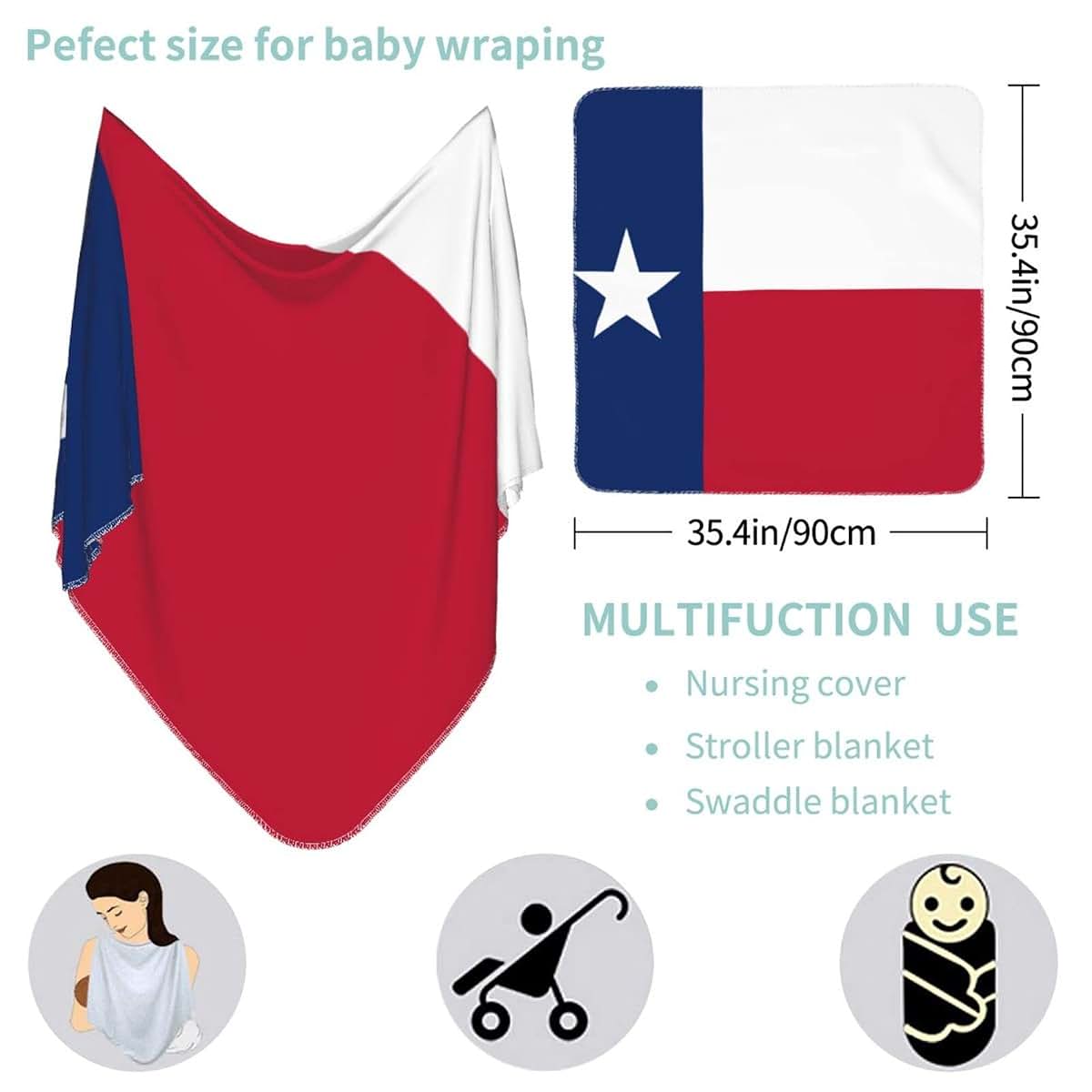 SEAEAGLE Flag of Texas Baby Blanket, 35.4 x 35.4 Inches, Single-Sided Print, Polyester