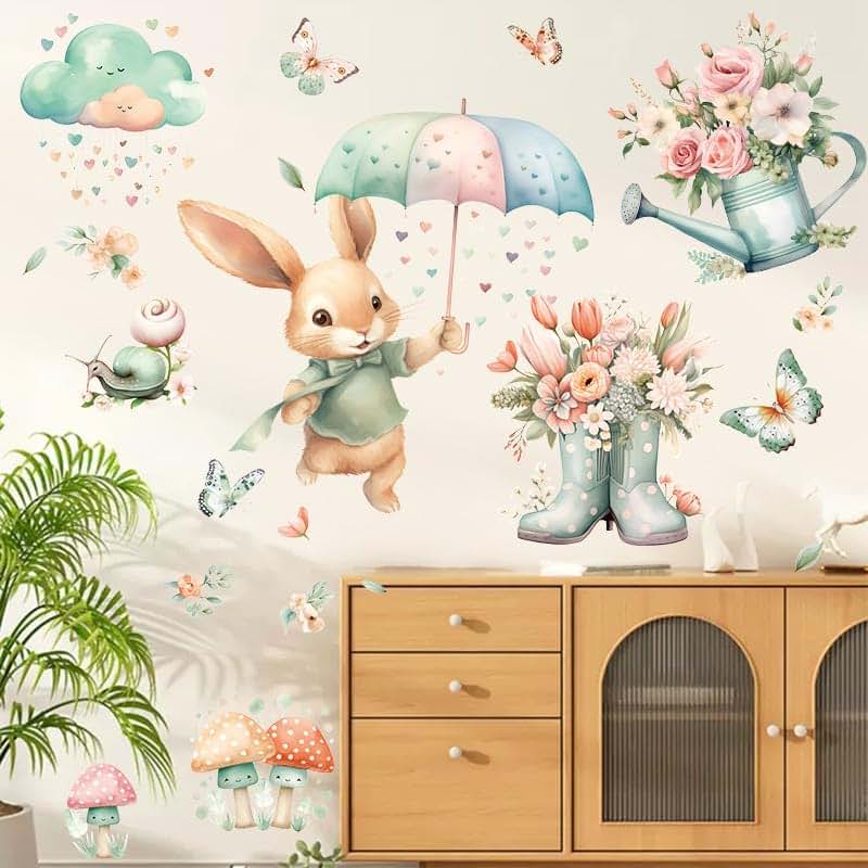 Fufuquare Bunny Butterfly Wall Stickers for Kids Playroom Decor