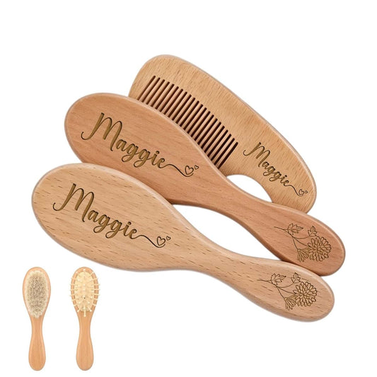 BFBZYME Personalized Wooden Baby Brush and Comb Set