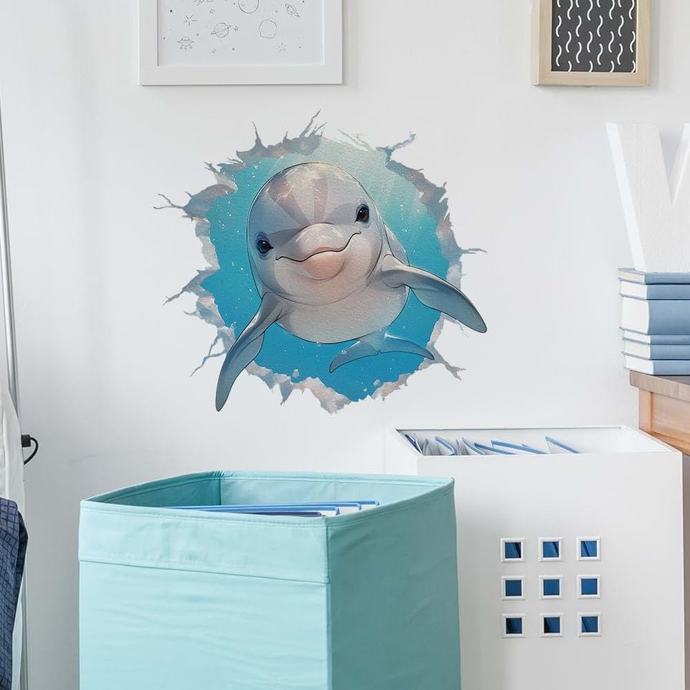 RoyoLam Smiling Dolphin Broken Wall Decal Sea Animal Nursery Sticker