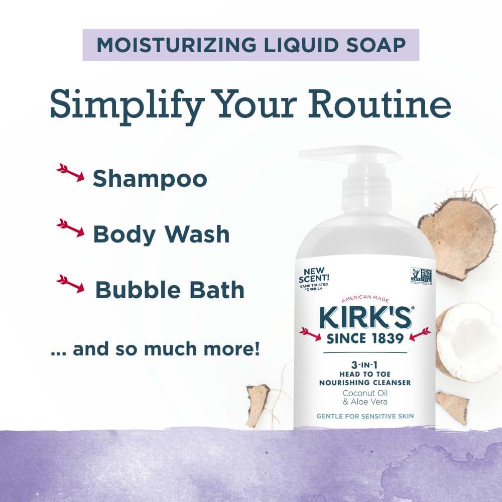 Kirk's Lavender & Vanilla 3-in-1 Nourishing Cleanser, Shampoo, Body Wash, and Bubble Bath