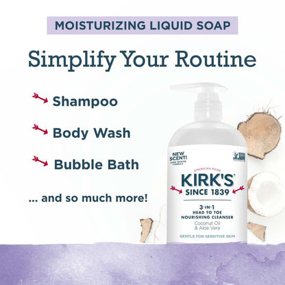 Kirk's Lavender & Vanilla 3-in-1 Nourishing Cleanser, Shampoo, Body Wash, and Bubble Bath