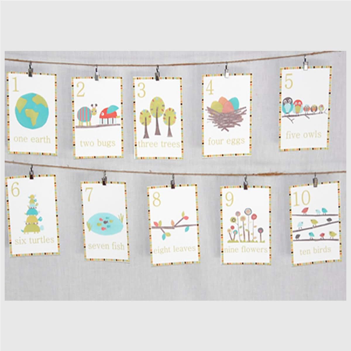 Children Inspire Design Forest Animal Numbers Wall Cards, Set of Ten 5x7 Wall Art Prints, Green, Nature-Themed Cartoon