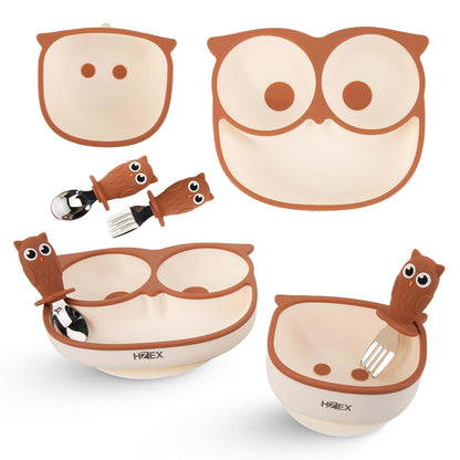 Hzex Owl Feeding Set for Toddlers | Suction Silicone Mealtime Utensils