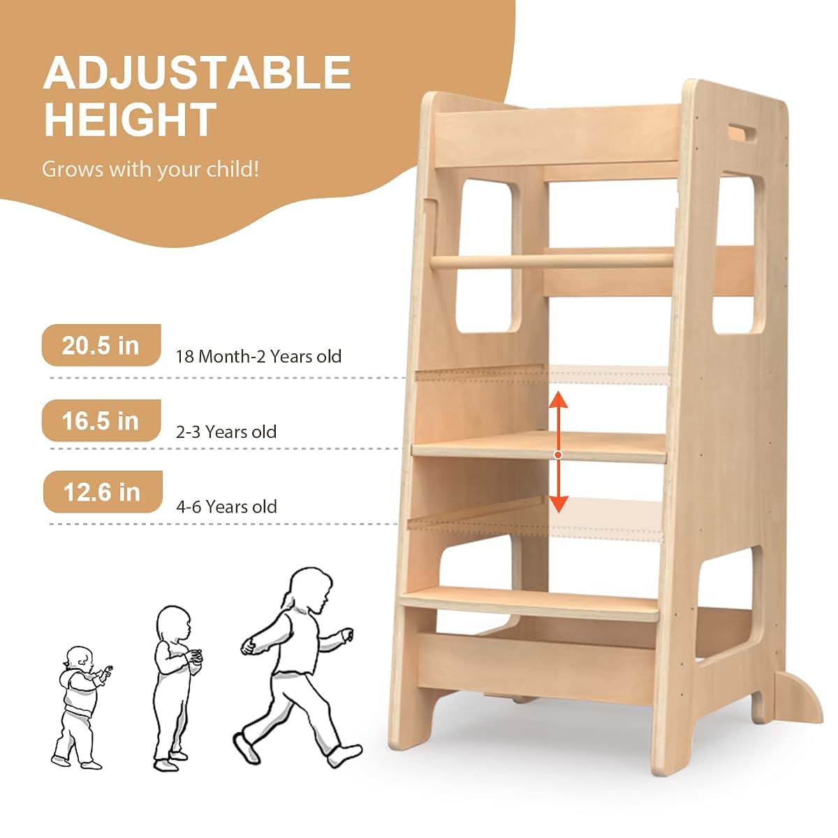 Wood City Kitchen Step Stool with Safety Rail and Adjustable Height
