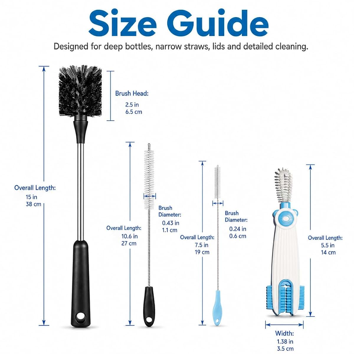 ZAWOW 4-in-1 Bottle Brush Set, 15" Long Handle, Straw & Lid Cleaner (photo 3)