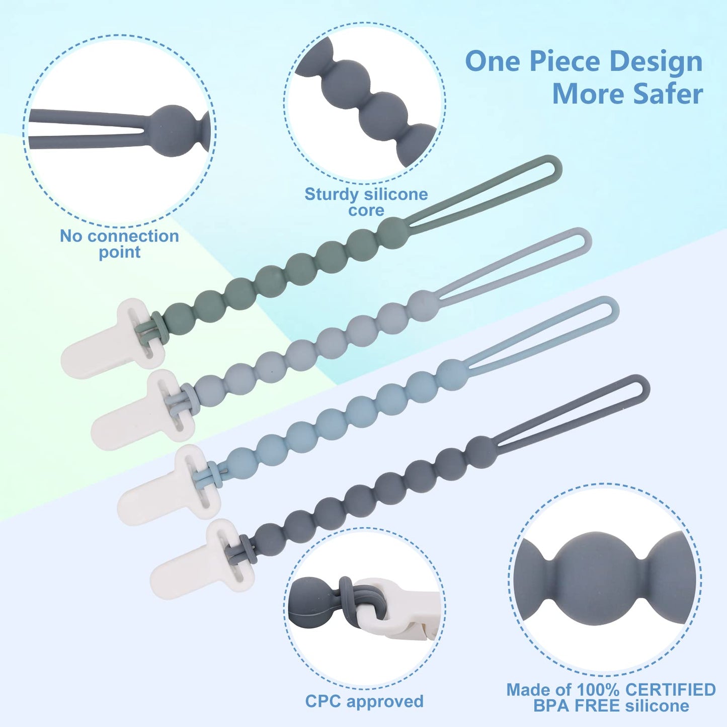 Silicone Pacifier Clip 4-Pack with One-Piece Beads - Grey