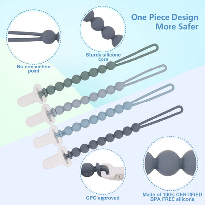 Silicone Pacifier Clip 4-Pack with One-Piece Beads - Grey