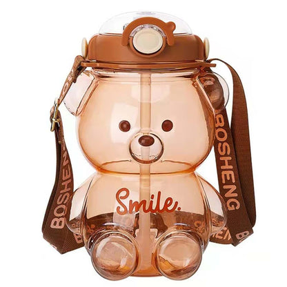 Osuner Kawaii Bear Straw Water Bottle with Adjustable Strap and Phone Holder