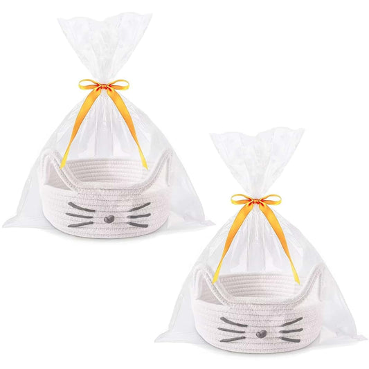 Himitimi 2 Pack Cute Cat Toy Baskets Baby Gift Basket Small Woven Basket with Gift Bags and Ribbons Empty Decorative