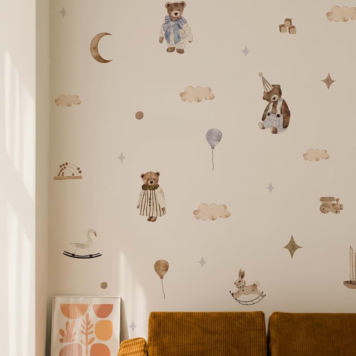 Boho Teddy Sailboat Wall Stickers for Nursery Kids Room Decor