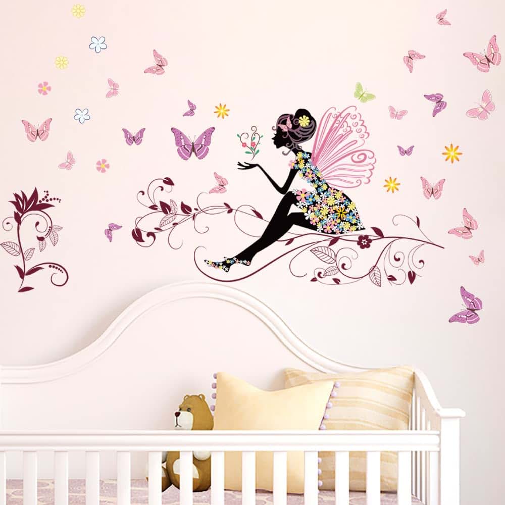Decalplanet Pink Butterfly Fairy Flower Wall Decals