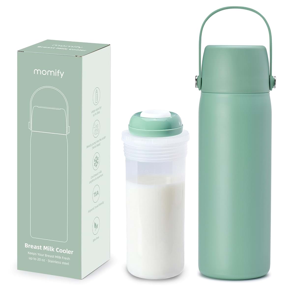 Momify 36-Hour Portable Breastmilk Storage Bottle, 20oz Vacuum Insulated Stainless Steel Breast Milk Cooler Bottle, TSA