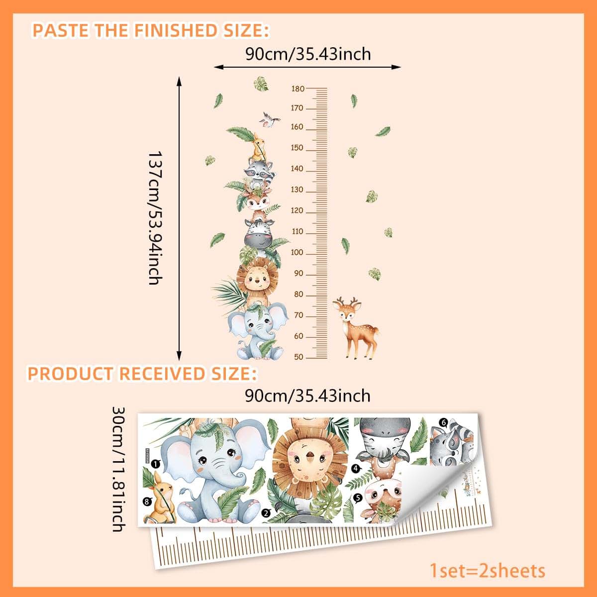BooDecal Jungle Animal Growth Chart for Kids, 35.43 x 53.94 Inches, Lion Elephant Cartoon Wall Sticker