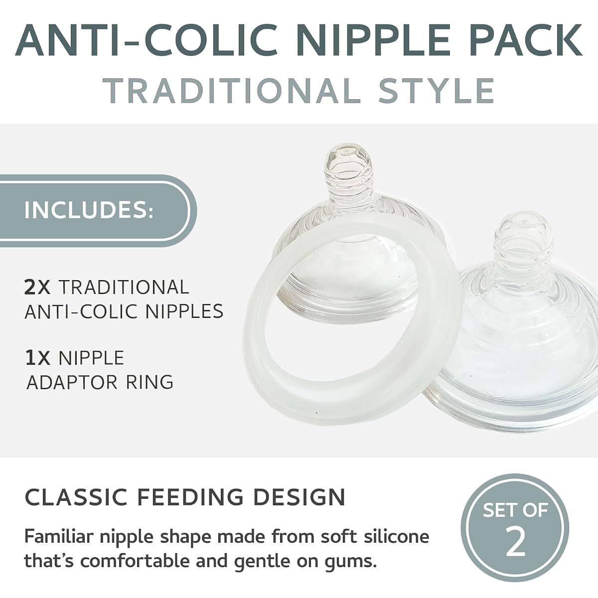 Milk & Water Baby Bottle Nipples With Adaptor Ring 2-Pack