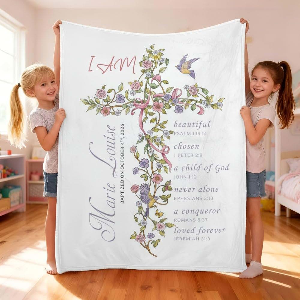 ZEBRA88 Personalized Baptism Blanket for Girl, Custom Floral Cross Christian Blanket, Catholic Christening Gift, Baby (photo 2)