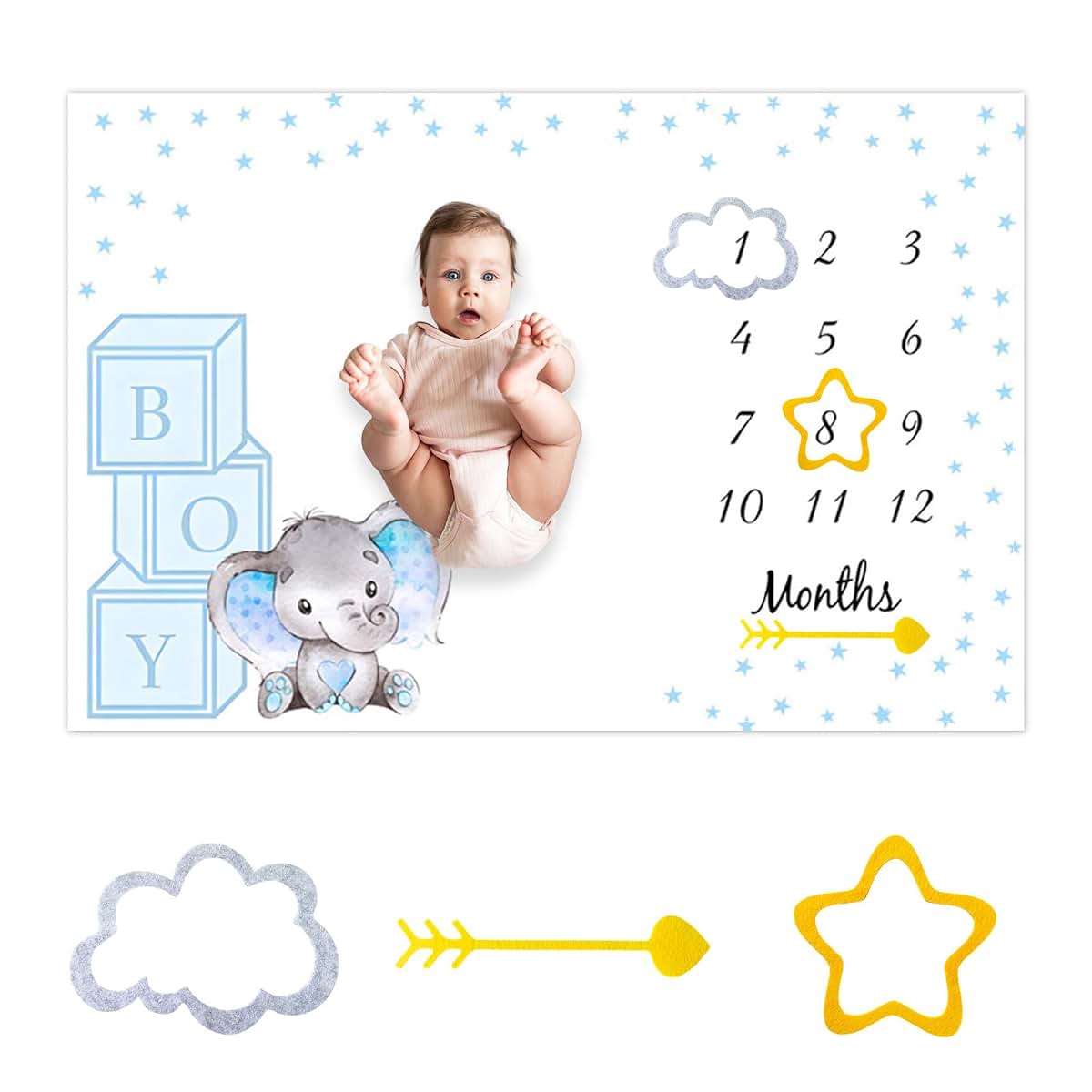 Blue Little Stars Elephant Milestone Blanket for Photography Backdrop