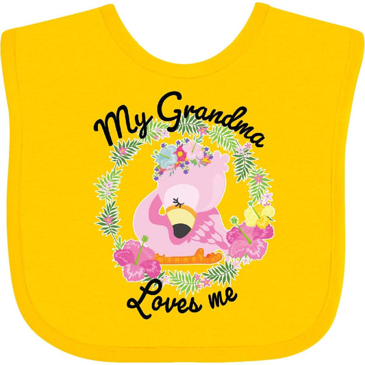 inktastic Baby Flamingo My Grandma Loves Me with Flower Wreath Baby Bib