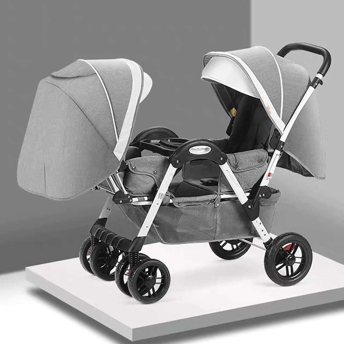TXTC Double Tandem Stroller in Gray, Foldable Two-Seater Pushchair