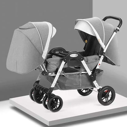 TXTC Double Tandem Stroller in Gray, Foldable Two-Seater Pushchair