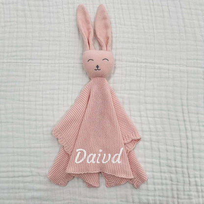 ZoikOm Personalized Baby Gifts Custom Embroidered Name Lovey Animal Stroller Blanket Breathable Cotton Knitted Bunny
